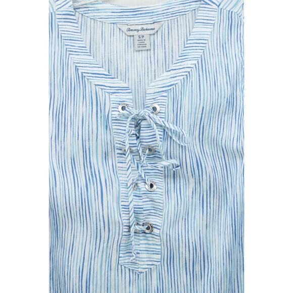 Tommy Bahama Top Beachy Women Small Blue Sleeveless Linen Lace Up Shirt Stripes - Picture 4 of 7